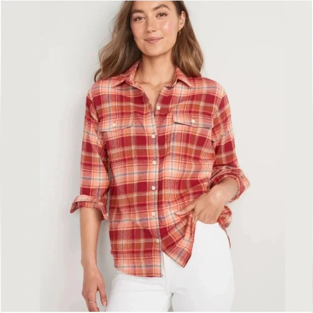 EUC Old Navy Flannel Boyfriend Tunic Shirt, Size 2X (20/22), Orange/red plaid